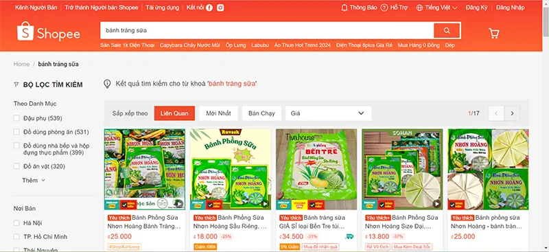 Bánh tráng sữa được bán trên Shopee